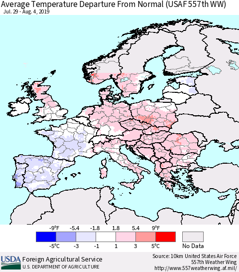 Europe Average Temperature Departure from Normal (USAF 557th WW) Thematic Map For 7/29/2019 - 8/4/2019