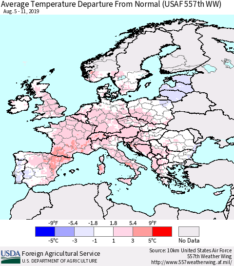 Europe Average Temperature Departure from Normal (USAF 557th WW) Thematic Map For 8/5/2019 - 8/11/2019
