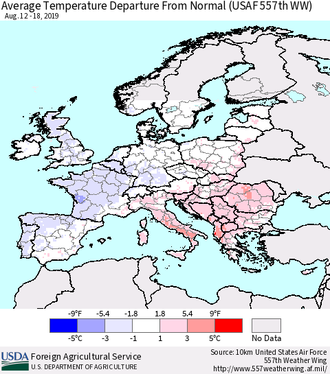 Europe Average Temperature Departure from Normal (USAF 557th WW) Thematic Map For 8/12/2019 - 8/18/2019