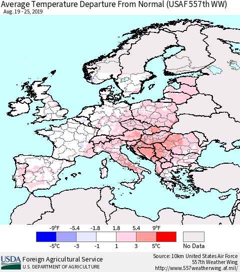 Europe Average Temperature Departure from Normal (USAF 557th WW) Thematic Map For 8/19/2019 - 8/25/2019