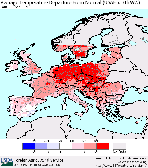 Europe Average Temperature Departure from Normal (USAF 557th WW) Thematic Map For 8/26/2019 - 9/1/2019