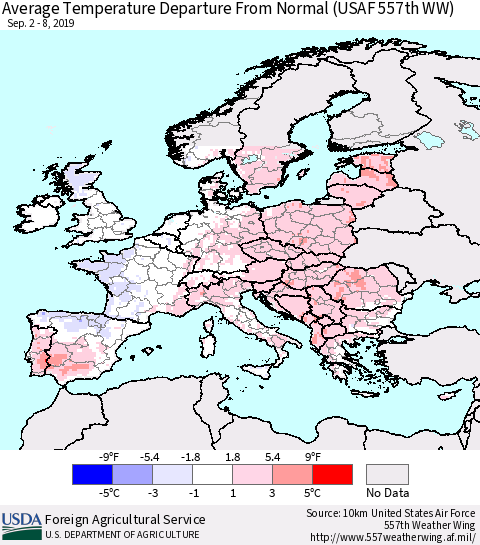Europe Average Temperature Departure from Normal (USAF 557th WW) Thematic Map For 9/2/2019 - 9/8/2019