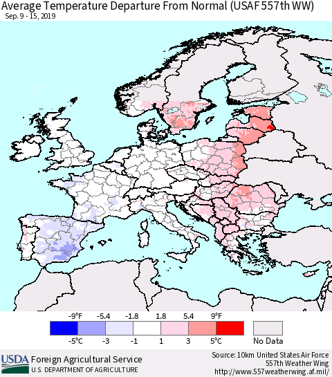 Europe Average Temperature Departure from Normal (USAF 557th WW) Thematic Map For 9/9/2019 - 9/15/2019
