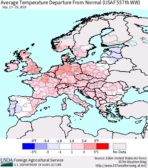 Europe Average Temperature Departure from Normal (USAF 557th WW) Thematic Map For 9/23/2019 - 9/29/2019