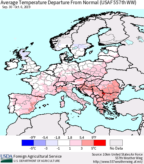 Europe Average Temperature Departure from Normal (USAF 557th WW) Thematic Map For 9/30/2019 - 10/6/2019