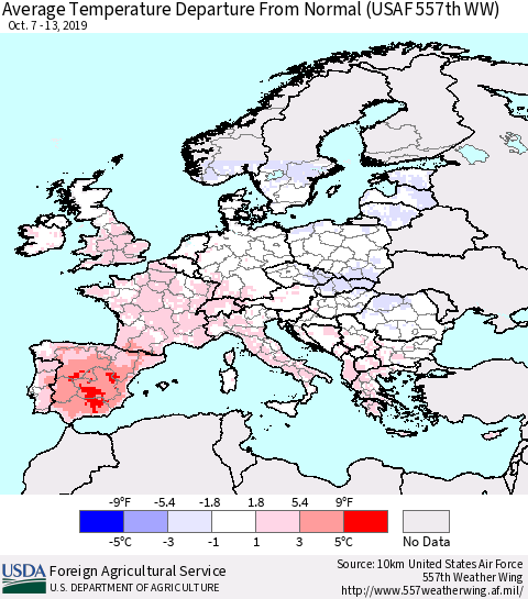 Europe Average Temperature Departure from Normal (USAF 557th WW) Thematic Map For 10/7/2019 - 10/13/2019