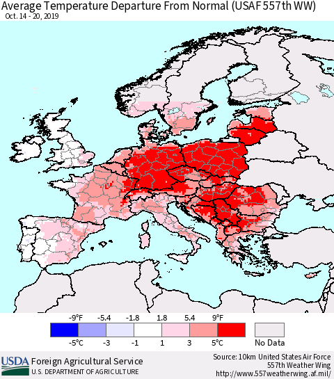 Europe Average Temperature Departure from Normal (USAF 557th WW) Thematic Map For 10/14/2019 - 10/20/2019