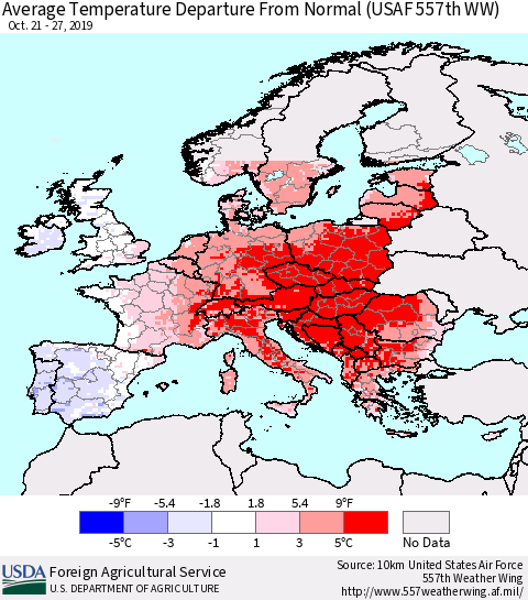Europe Average Temperature Departure from Normal (USAF 557th WW) Thematic Map For 10/21/2019 - 10/27/2019