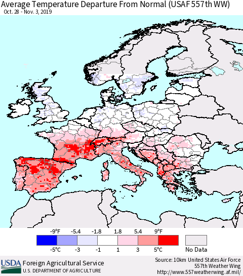 Europe Average Temperature Departure from Normal (USAF 557th WW) Thematic Map For 10/28/2019 - 11/3/2019