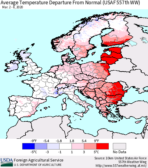 Europe Average Temperature Departure from Normal (USAF 557th WW) Thematic Map For 3/2/2020 - 3/8/2020