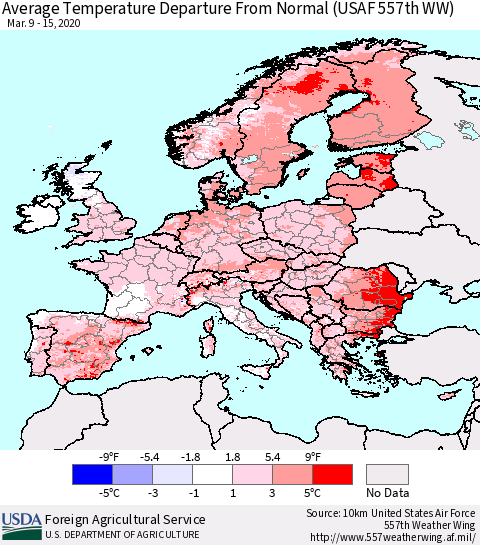 Europe Average Temperature Departure from Normal (USAF 557th WW) Thematic Map For 3/9/2020 - 3/15/2020