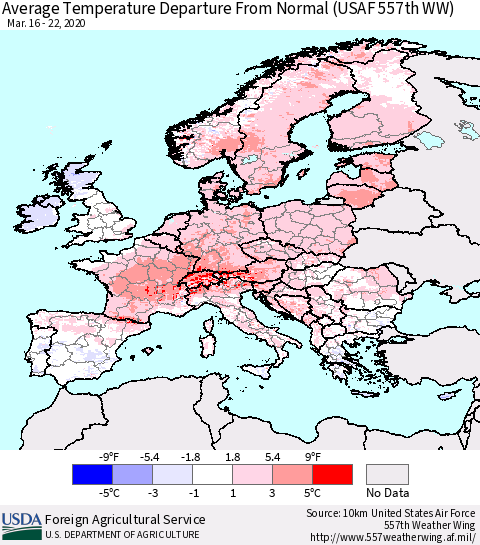 Europe Average Temperature Departure from Normal (USAF 557th WW) Thematic Map For 3/16/2020 - 3/22/2020