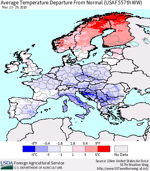Europe Average Temperature Departure from Normal (USAF 557th WW) Thematic Map For 3/23/2020 - 3/29/2020