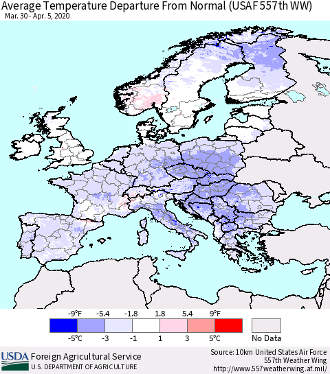 Europe Average Temperature Departure from Normal (USAF 557th WW) Thematic Map For 3/30/2020 - 4/5/2020