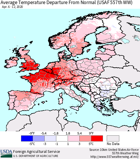 Europe Average Temperature Departure from Normal (USAF 557th WW) Thematic Map For 4/6/2020 - 4/12/2020