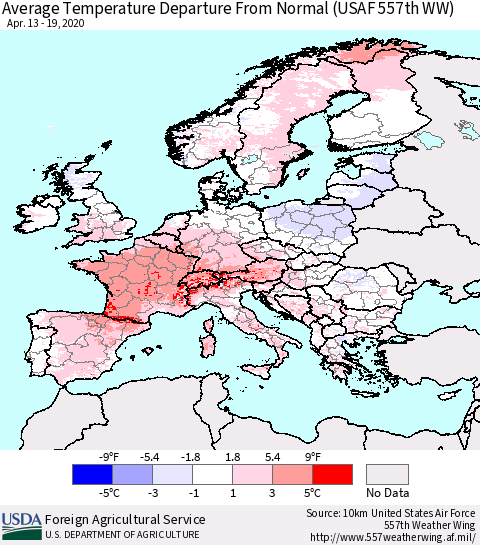 Europe Average Temperature Departure from Normal (USAF 557th WW) Thematic Map For 4/13/2020 - 4/19/2020