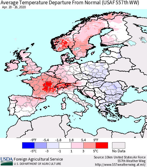 Europe Average Temperature Departure from Normal (USAF 557th WW) Thematic Map For 4/20/2020 - 4/26/2020