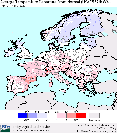 Europe Average Temperature Departure from Normal (USAF 557th WW) Thematic Map For 4/27/2020 - 5/3/2020