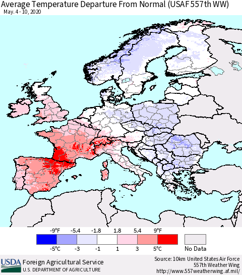 Europe Average Temperature Departure from Normal (USAF 557th WW) Thematic Map For 5/4/2020 - 5/10/2020