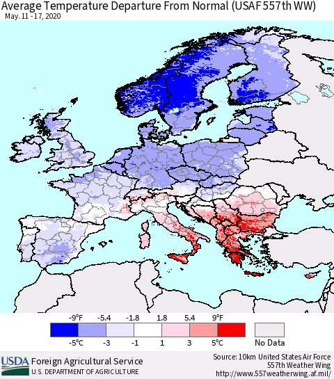 Europe Average Temperature Departure from Normal (USAF 557th WW) Thematic Map For 5/11/2020 - 5/17/2020