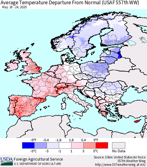 Europe Average Temperature Departure from Normal (USAF 557th WW) Thematic Map For 5/18/2020 - 5/24/2020
