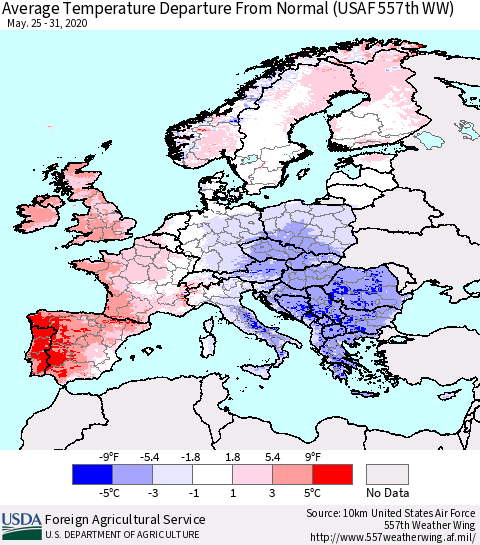 Europe Average Temperature Departure from Normal (USAF 557th WW) Thematic Map For 5/25/2020 - 5/31/2020