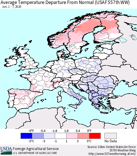 Europe Average Temperature Departure from Normal (USAF 557th WW) Thematic Map For 6/1/2020 - 6/7/2020