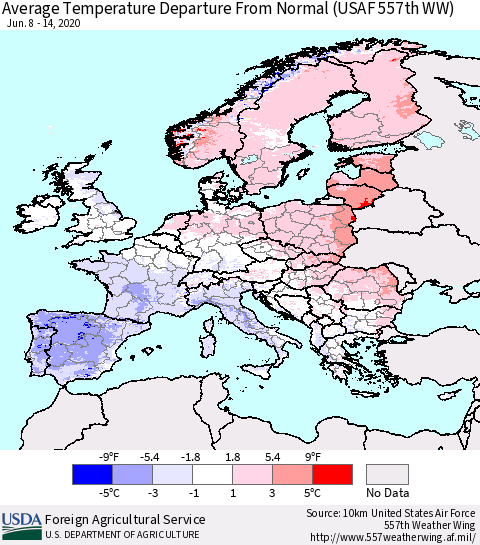 Europe Average Temperature Departure from Normal (USAF 557th WW) Thematic Map For 6/8/2020 - 6/14/2020