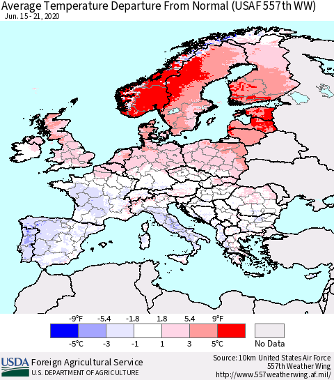 Europe Average Temperature Departure from Normal (USAF 557th WW) Thematic Map For 6/15/2020 - 6/21/2020