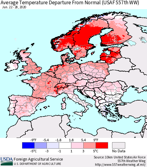 Europe Average Temperature Departure from Normal (USAF 557th WW) Thematic Map For 6/22/2020 - 6/28/2020
