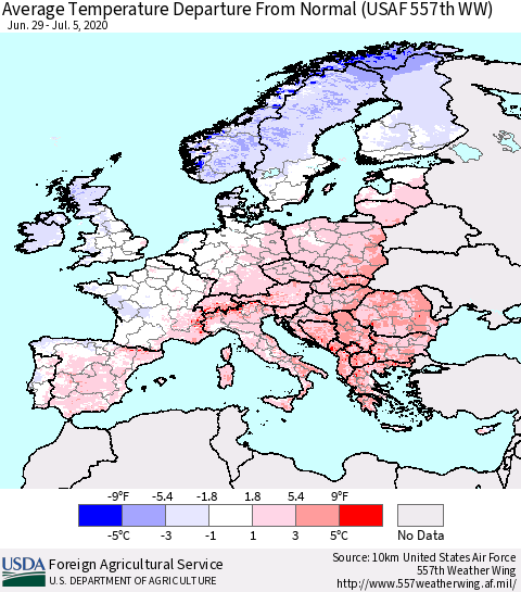Europe Average Temperature Departure from Normal (USAF 557th WW) Thematic Map For 6/29/2020 - 7/5/2020