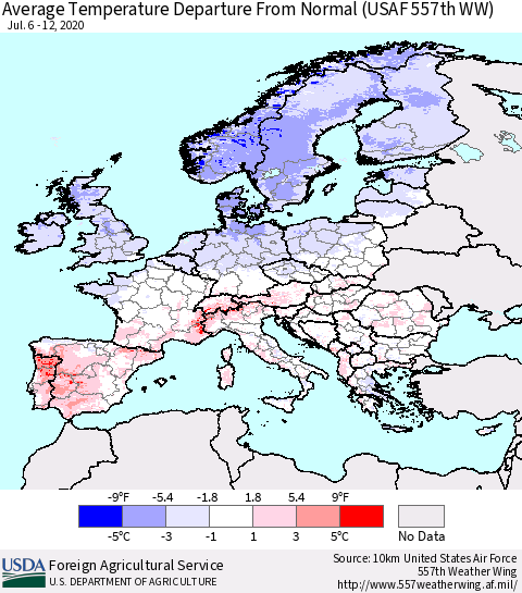 Europe Average Temperature Departure from Normal (USAF 557th WW) Thematic Map For 7/6/2020 - 7/12/2020