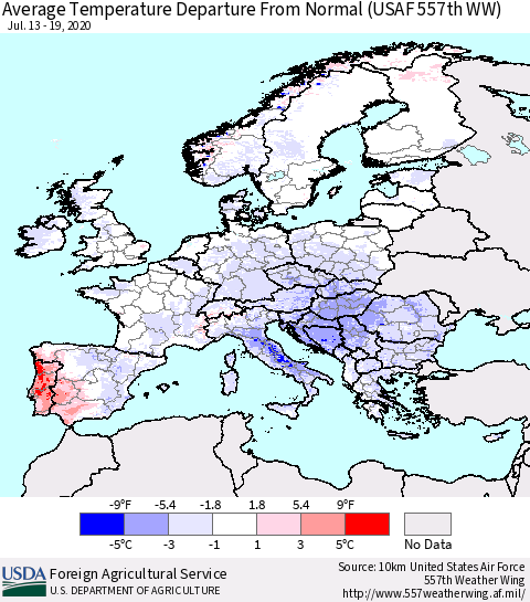 Europe Average Temperature Departure from Normal (USAF 557th WW) Thematic Map For 7/13/2020 - 7/19/2020