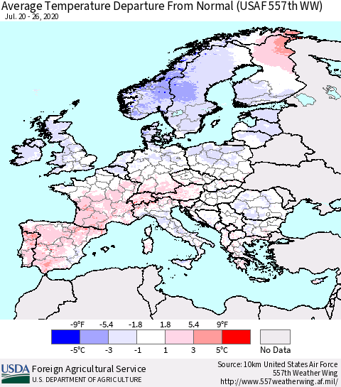 Europe Average Temperature Departure from Normal (USAF 557th WW) Thematic Map For 7/20/2020 - 7/26/2020