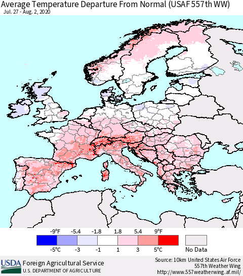 Europe Average Temperature Departure from Normal (USAF 557th WW) Thematic Map For 7/27/2020 - 8/2/2020
