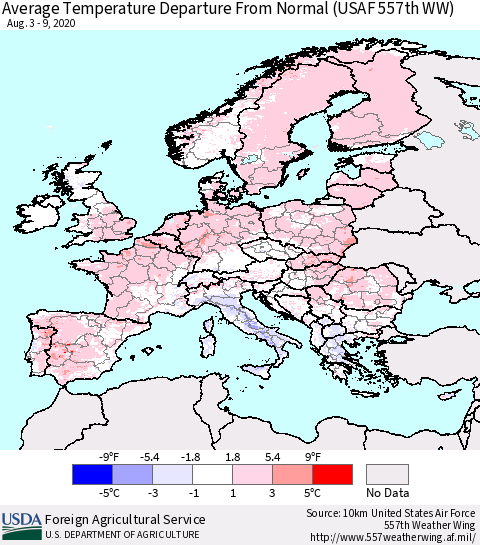 Europe Average Temperature Departure from Normal (USAF 557th WW) Thematic Map For 8/3/2020 - 8/9/2020