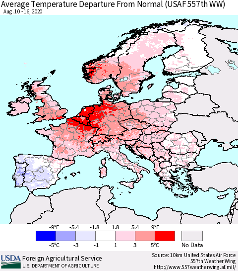 Europe Average Temperature Departure from Normal (USAF 557th WW) Thematic Map For 8/10/2020 - 8/16/2020