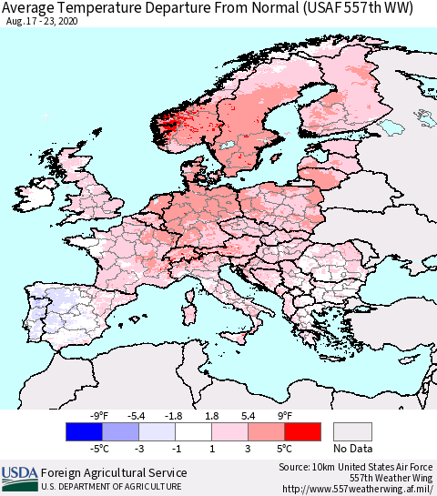 Europe Average Temperature Departure from Normal (USAF 557th WW) Thematic Map For 8/17/2020 - 8/23/2020