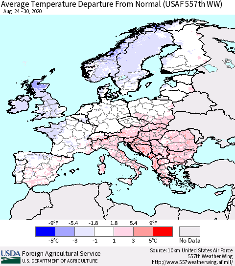 Europe Average Temperature Departure from Normal (USAF 557th WW) Thematic Map For 8/24/2020 - 8/30/2020