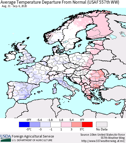 Europe Average Temperature Departure from Normal (USAF 557th WW) Thematic Map For 8/31/2020 - 9/6/2020