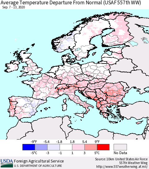 Europe Average Temperature Departure from Normal (USAF 557th WW) Thematic Map For 9/7/2020 - 9/13/2020