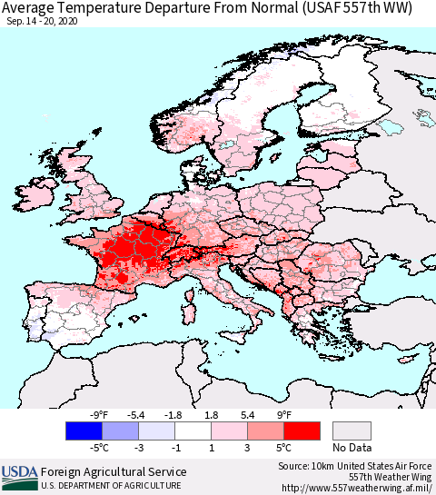 Europe Average Temperature Departure from Normal (USAF 557th WW) Thematic Map For 9/14/2020 - 9/20/2020