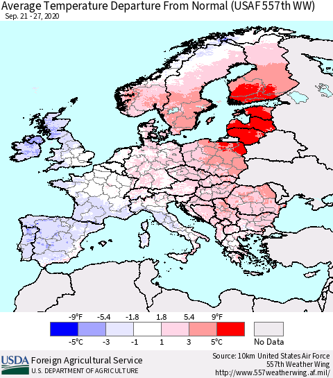 Europe Average Temperature Departure from Normal (USAF 557th WW) Thematic Map For 9/21/2020 - 9/27/2020