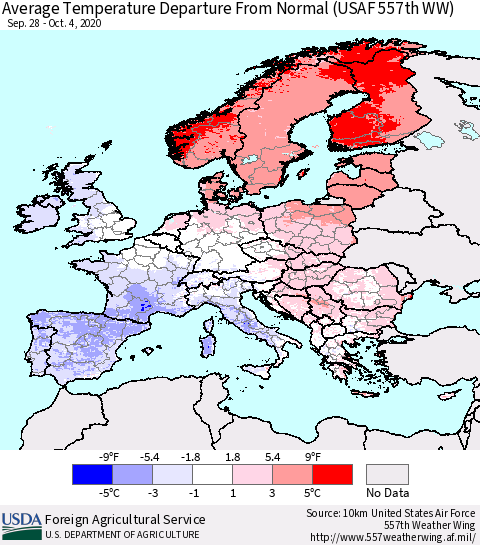 Europe Average Temperature Departure from Normal (USAF 557th WW) Thematic Map For 9/28/2020 - 10/4/2020
