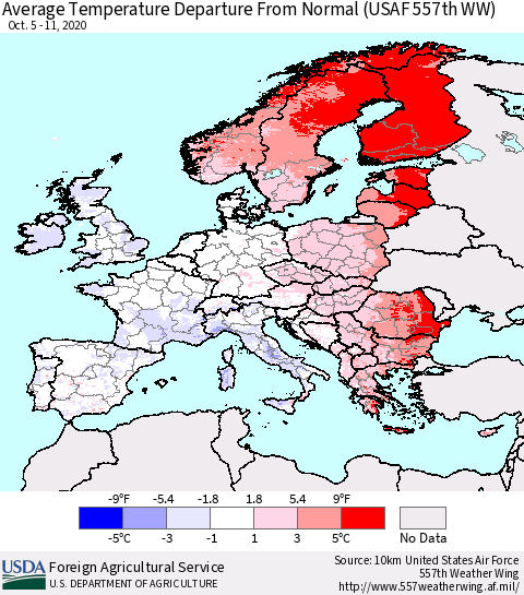 Europe Average Temperature Departure from Normal (USAF 557th WW) Thematic Map For 10/5/2020 - 10/11/2020