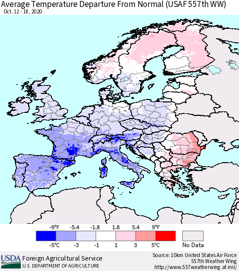 Europe Average Temperature Departure from Normal (USAF 557th WW) Thematic Map For 10/12/2020 - 10/18/2020