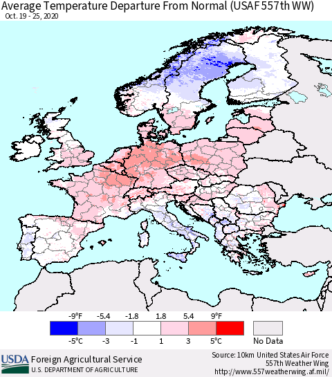 Europe Average Temperature Departure from Normal (USAF 557th WW) Thematic Map For 10/19/2020 - 10/25/2020