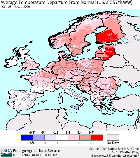 Europe Average Temperature Departure from Normal (USAF 557th WW) Thematic Map For 10/26/2020 - 11/1/2020