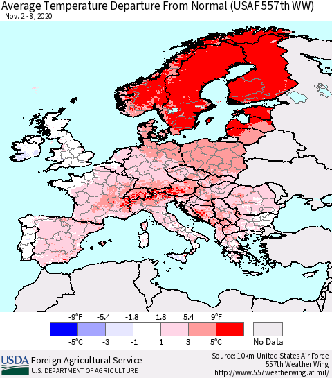 Europe Average Temperature Departure from Normal (USAF 557th WW) Thematic Map For 11/2/2020 - 11/8/2020