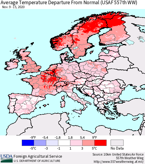 Europe Average Temperature Departure from Normal (USAF 557th WW) Thematic Map For 11/9/2020 - 11/15/2020